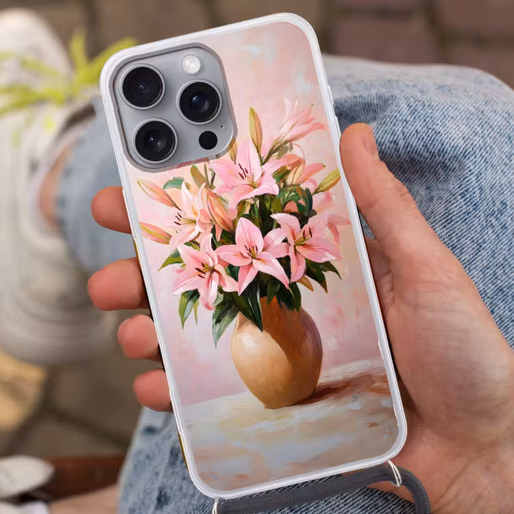 Telefoonhoesje met koord - Vaas - Bloemen - Roze — 2