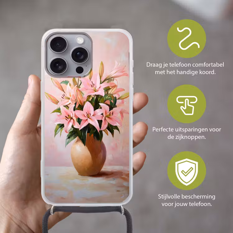 Telefoonhoesje met koord - Vaas - Bloemen - Roze — 4