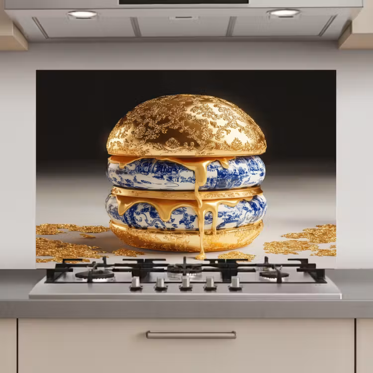 Spatscherm keuken - Delftsblauw - Goud - Burger