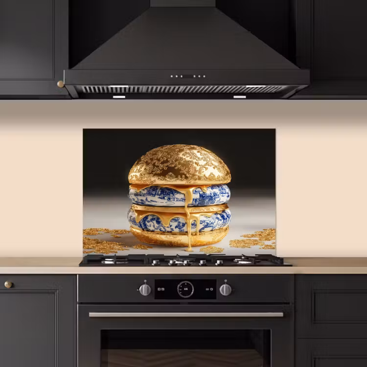Spatscherm keuken - Delftsblauw - Goud - Burger — 2
