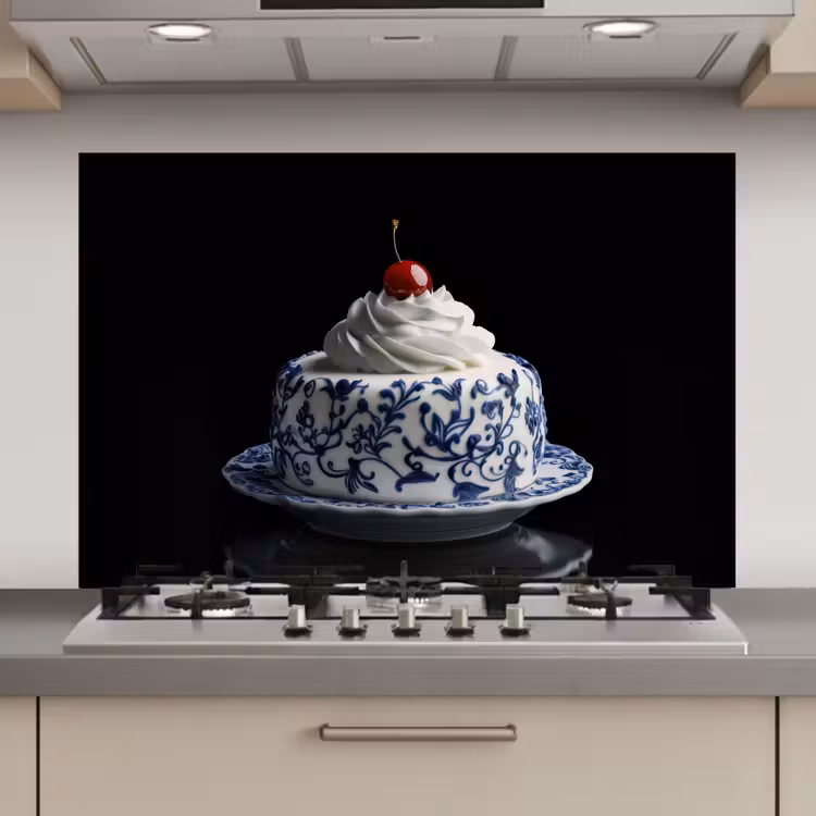 Spatscherm keuken - Taart - Slagroom - Kers - Bord - Delfts blauw