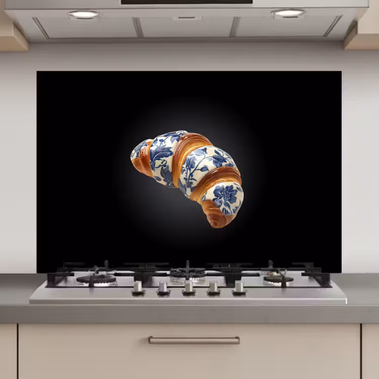 Spatscherm keuken - Croissant - Bloemenpatroon - Delftsblauw