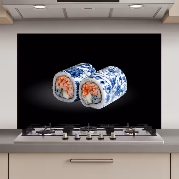 Spatscherm keuken - Sushi - Delfts blauw - Rijst - Vis - Elegant
