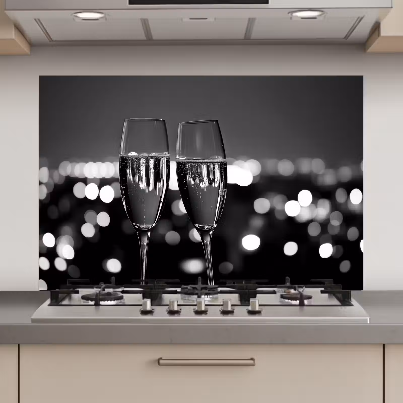 Spatscherm keuken - Bubbels - Proosten - Champagneglazen - Stadslichten — 1