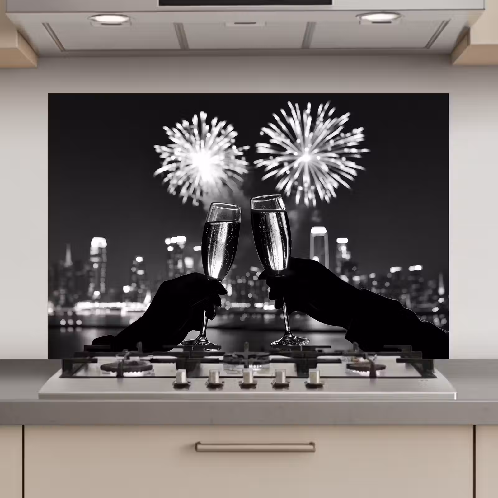 Spatscherm keuken - Vuurwerk - Proosten - Skyline - Champagne — 1