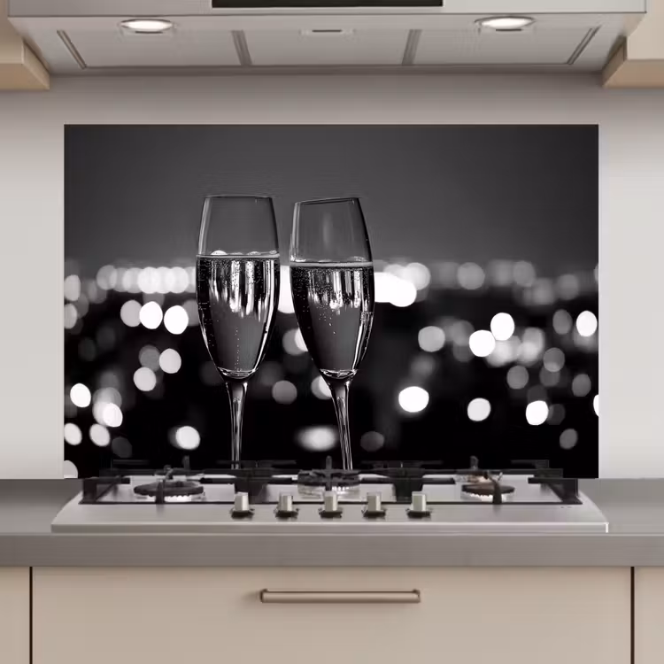 Spatscherm keuken - Bubbels - Proosten - Champagneglazen - Stadslichten — 1