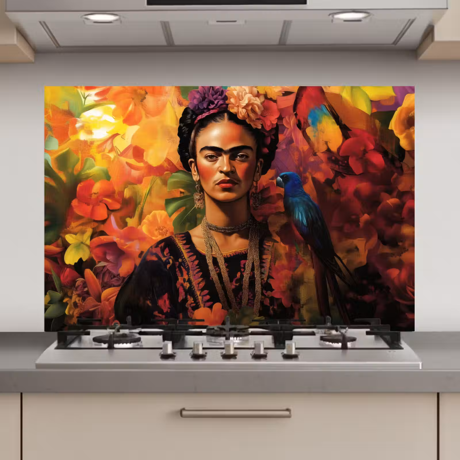 Spatscherm keuken - Vrouw - Bloemen - Papegaai - Schilderachtig — 1