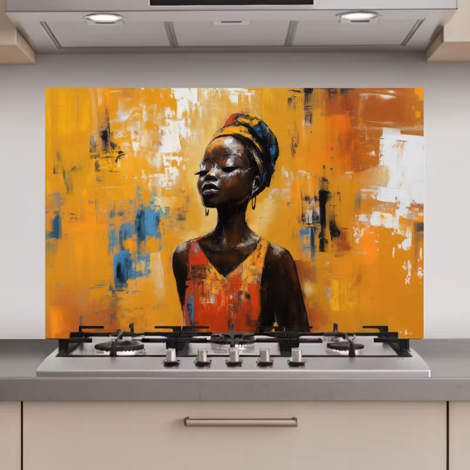 Spatscherm keuken - Vrouw - Ogen - Penseelstreken - Geel — 1