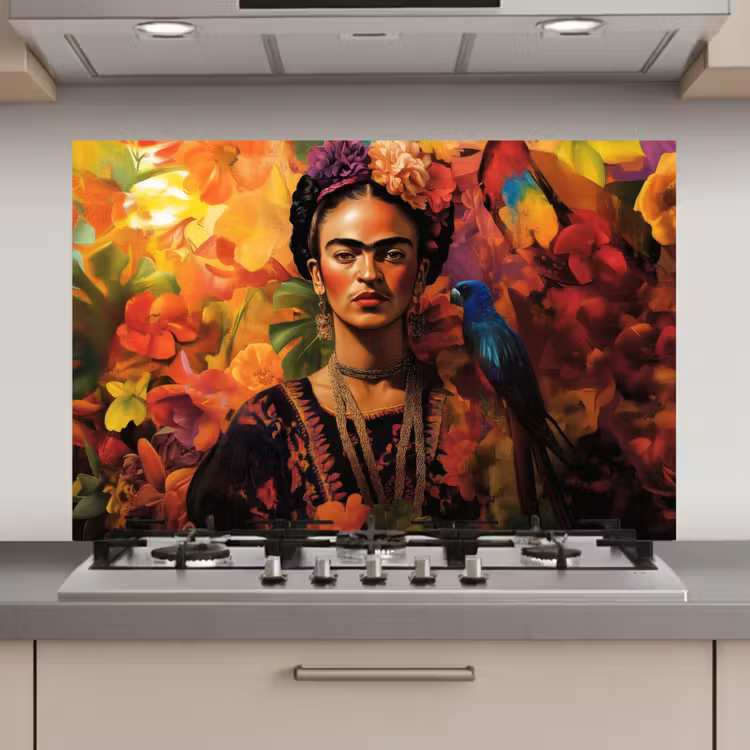 Spatscherm keuken - Vrouw - Bloemen - Papegaai - Schilderachtig — 1