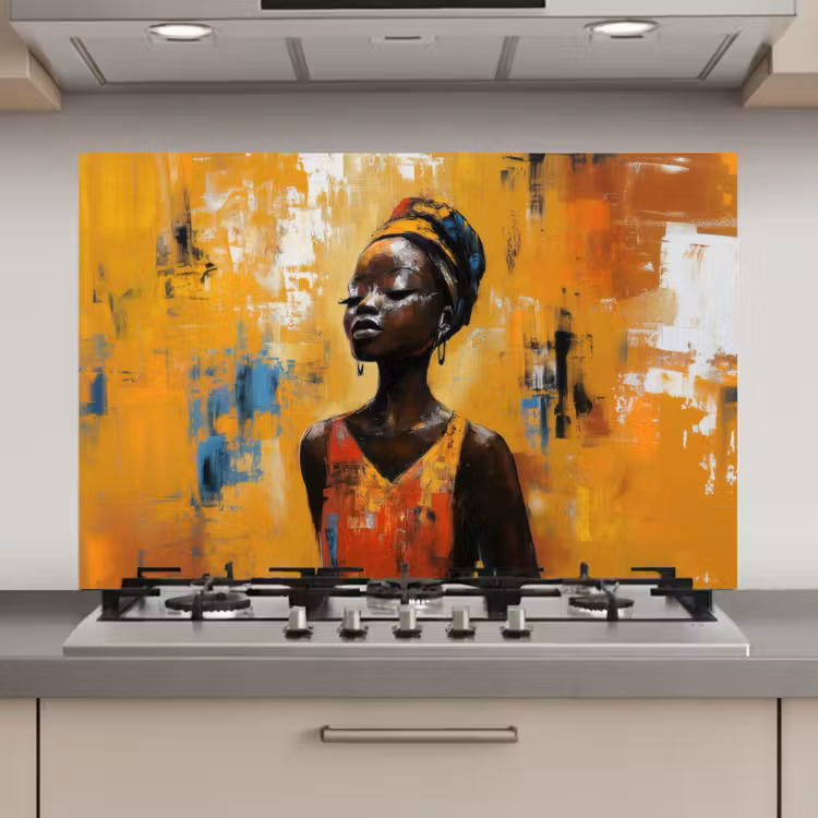 Spatscherm keuken - Vrouw - Ogen - Penseelstreken - Geel — 1
