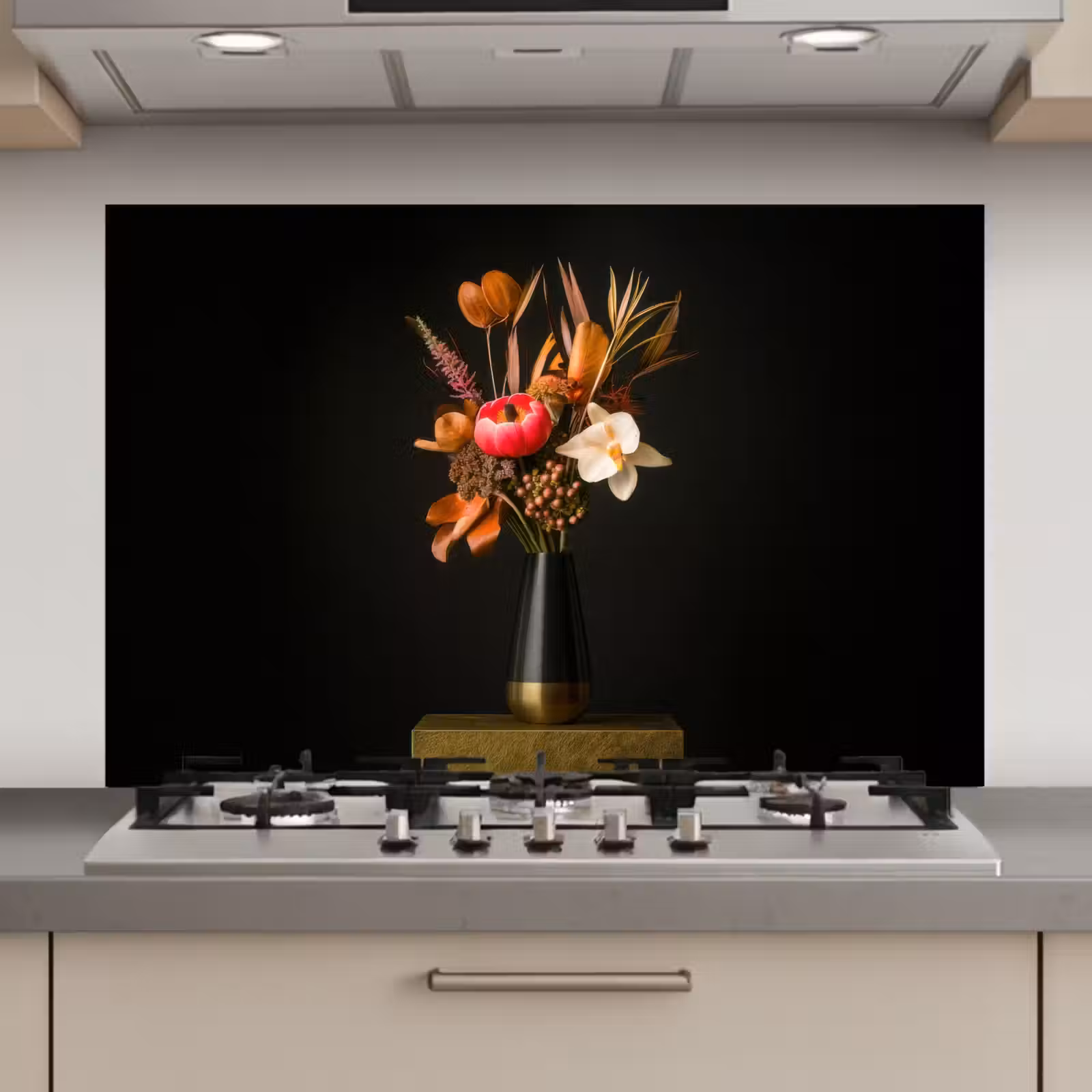 Spatscherm keuken - Boeket - Oranje - Gouden - vaas — 1