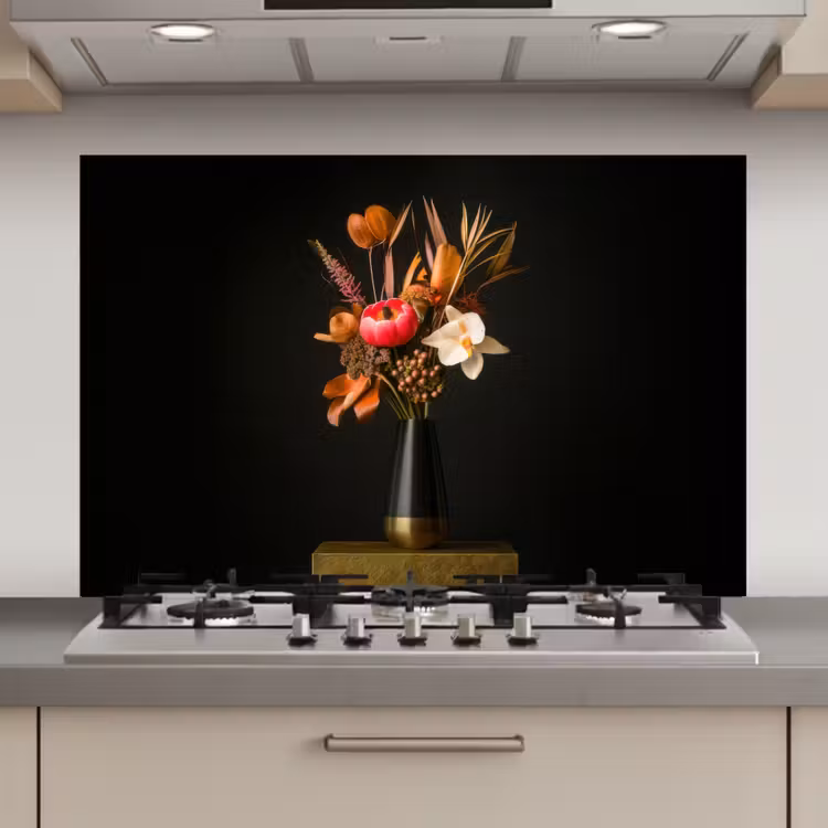 Spatscherm keuken - Boeket - Oranje - Gouden - vaas — 1