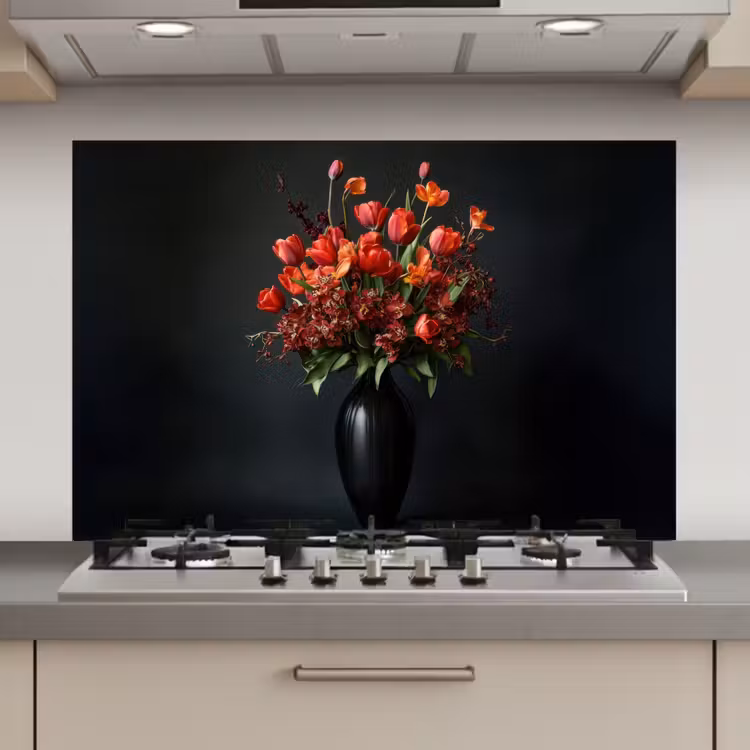 Spatscherm keuken - Boeket - Tulpen - Vaas - Rood — 1
