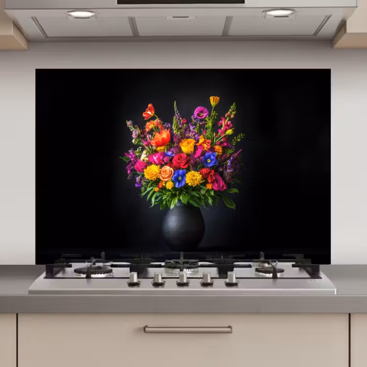 Spatscherm keuken - Felgekleurd - Bloemen - Vaas — 1