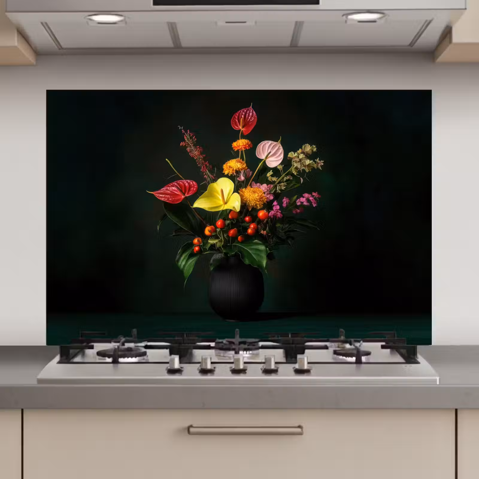 Spatscherm keuken - Bloemen - Vaas - Zwart — 1