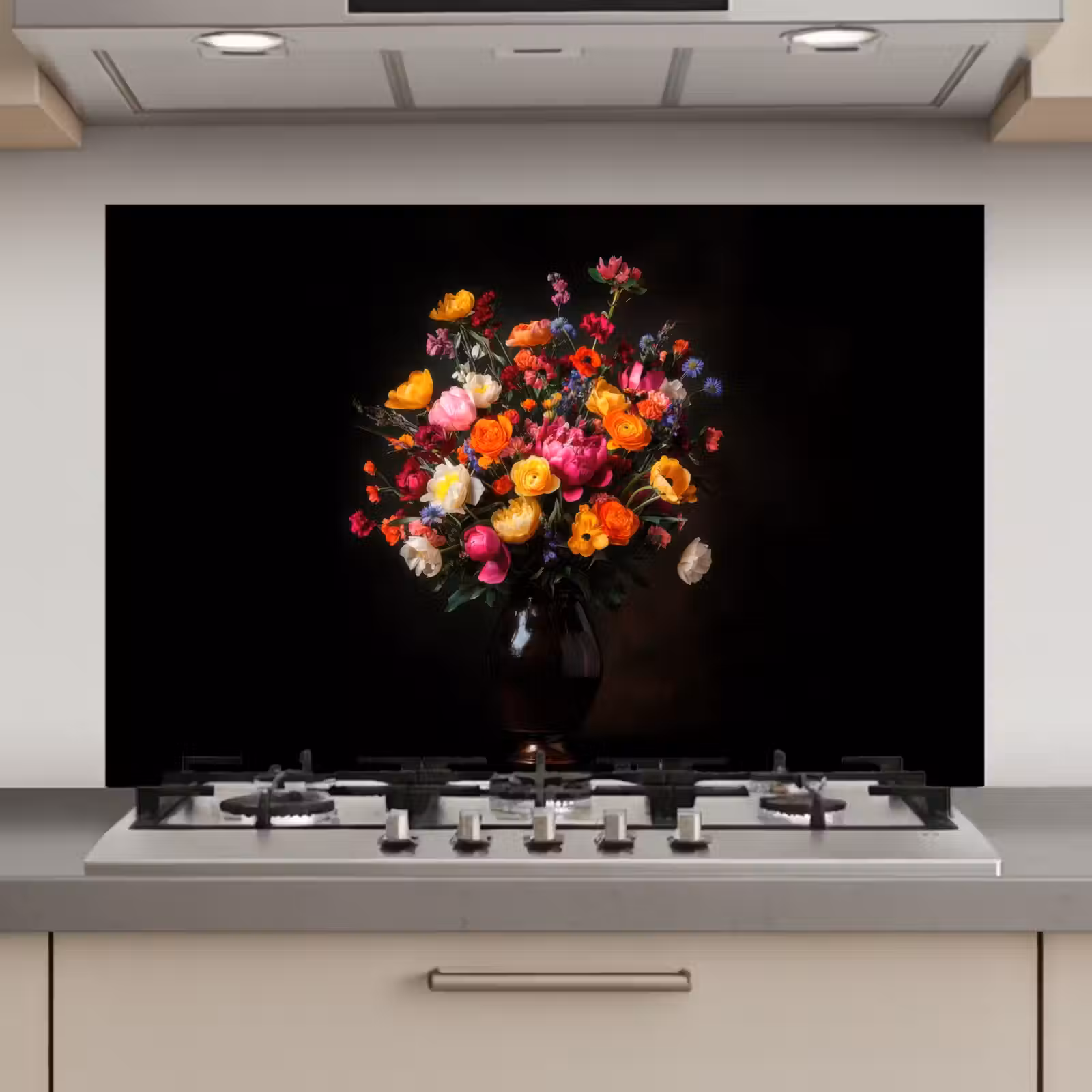 Spatscherm keuken - Kleurrijk - Boeket - Vaas - Donkerbruin — 1