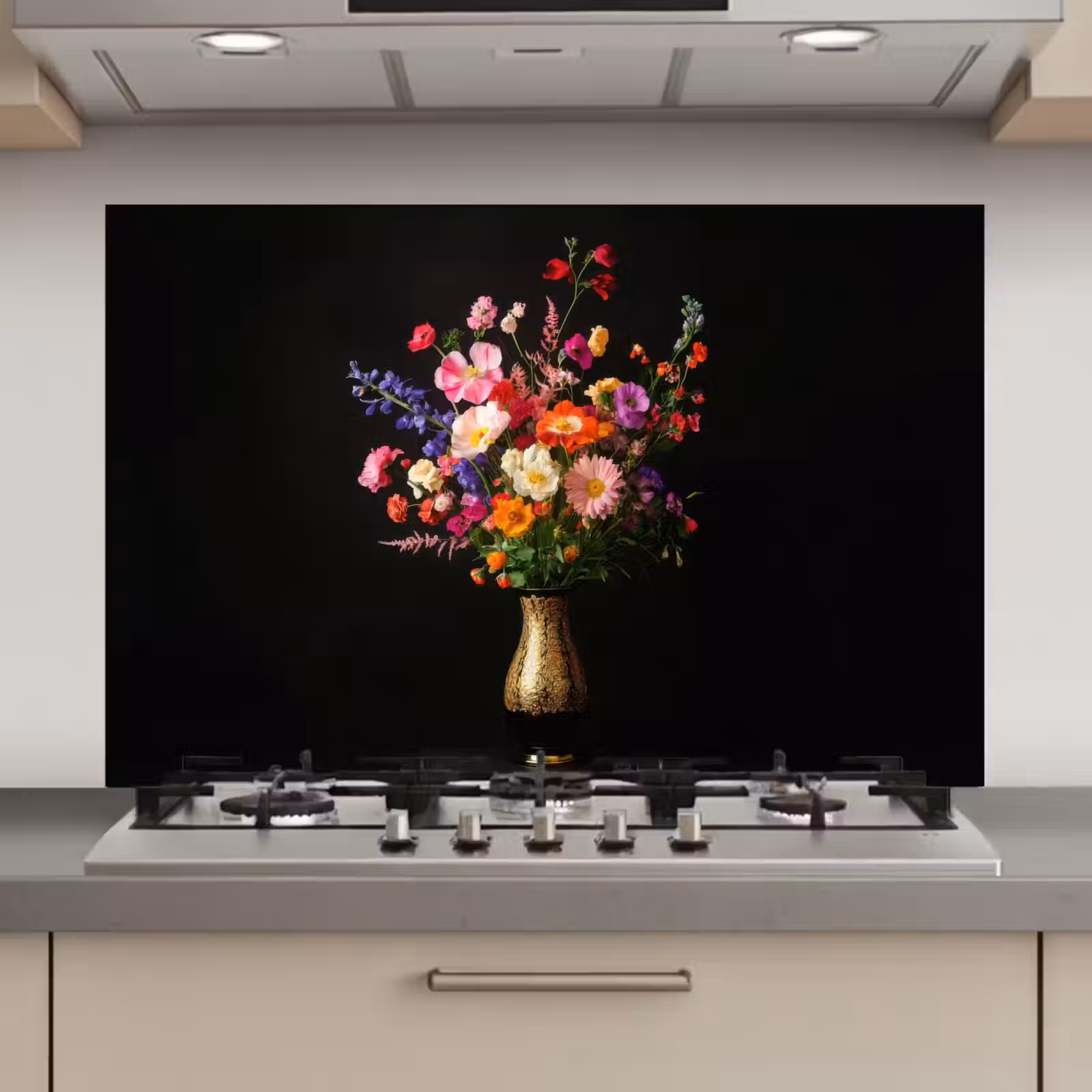 Spatscherm keuken - Kleurrijk - Boeket - Vaas - Goud — 1