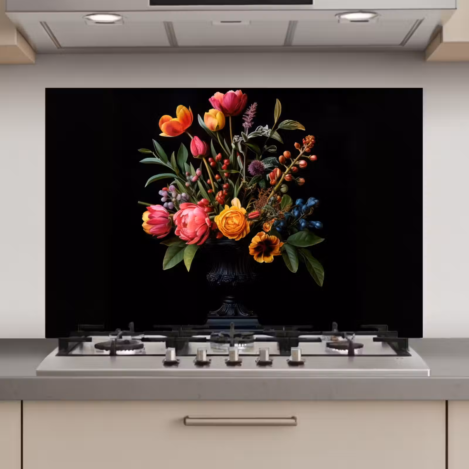 Spatscherm keuken - Tulpen - Bessen - Boeket - Vaas — 1