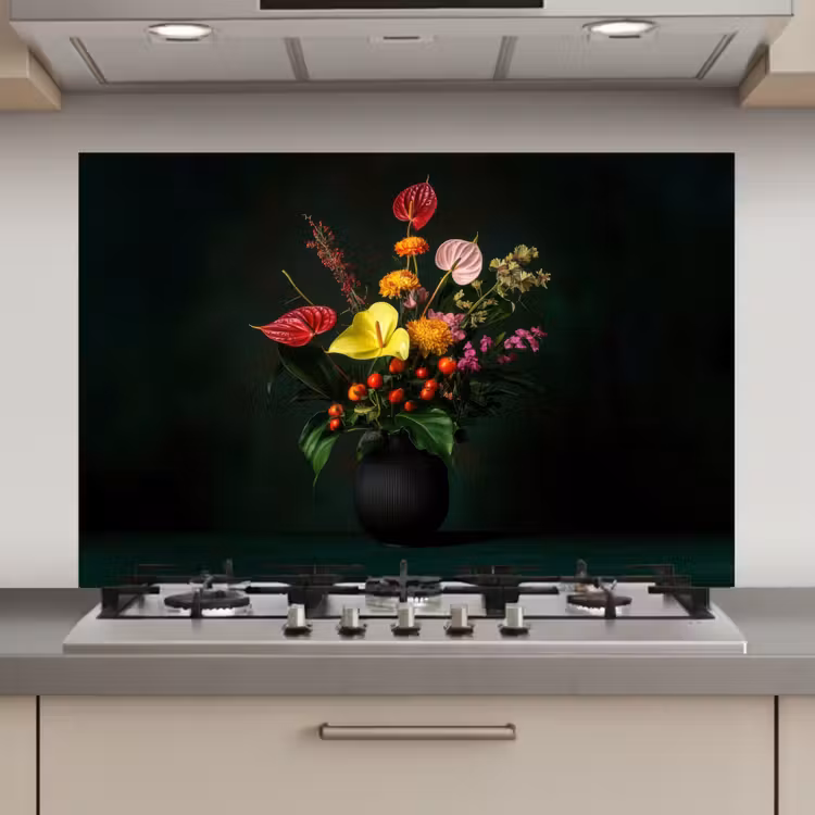 Spatscherm keuken - Bloemen - Vaas - Zwart — 1