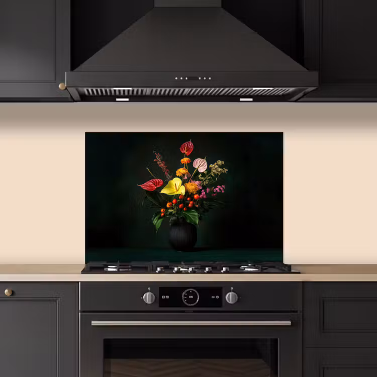 Spatscherm keuken - Bloemen - Vaas - Zwart — 2