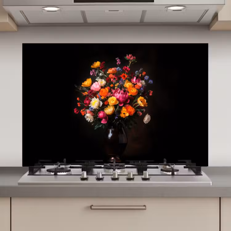 Spatscherm keuken - Kleurrijk - Boeket - Vaas - Donkerbruin — 1