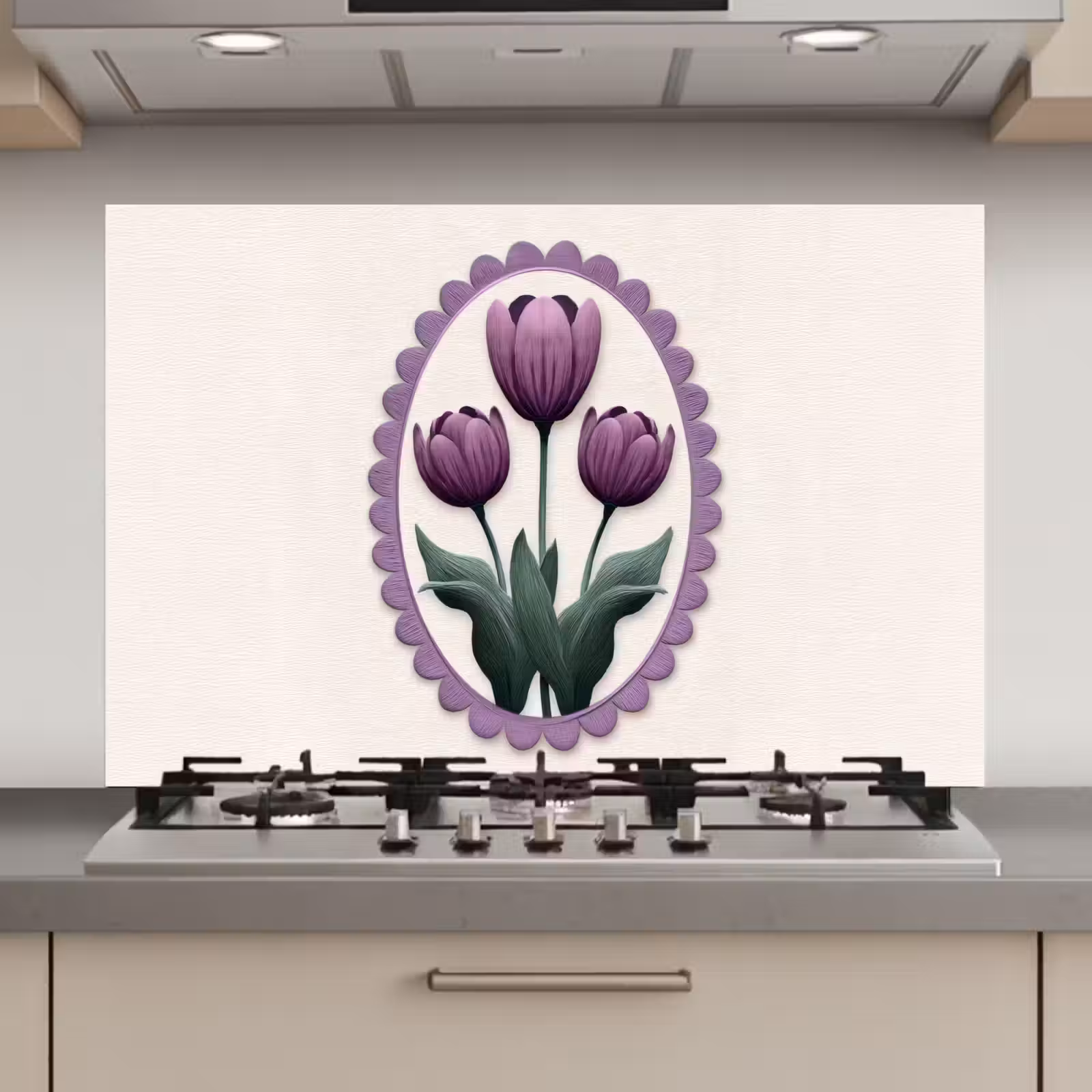 Spatscherm keuken - Tulpen - Paars - Lijst - Bladeren — 1