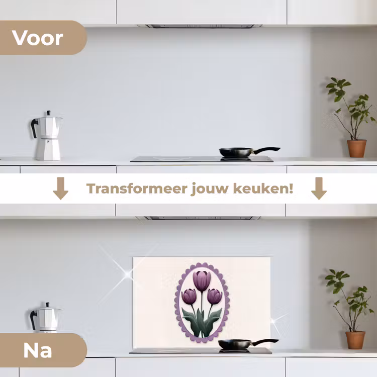 Spatscherm keuken - Tulpen - Paars - Lijst - Bladeren — 3