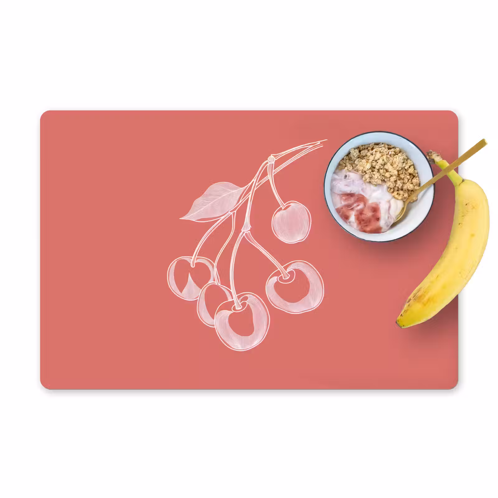 Placemat - 6 stuks - Lijnillustratie - Kersen - Tak - Wit — 1