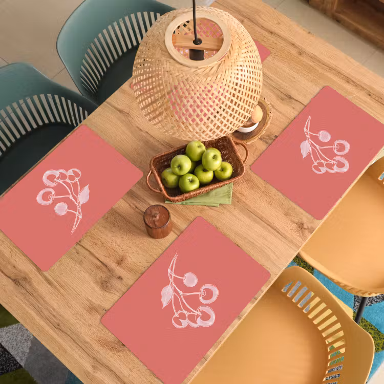 Placemat - 6 stuks - Lijnillustratie - Kersen - Tak - Wit — 6