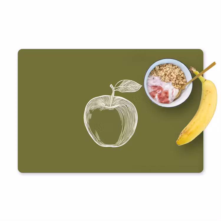 Placemat - 6 stuks - Lijntekening - Appel - Olijfgroen - Blaadje — 1