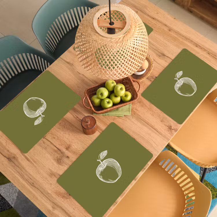 Placemat - 6 stuks - Lijntekening - Appel - Olijfgroen - Blaadje — 6