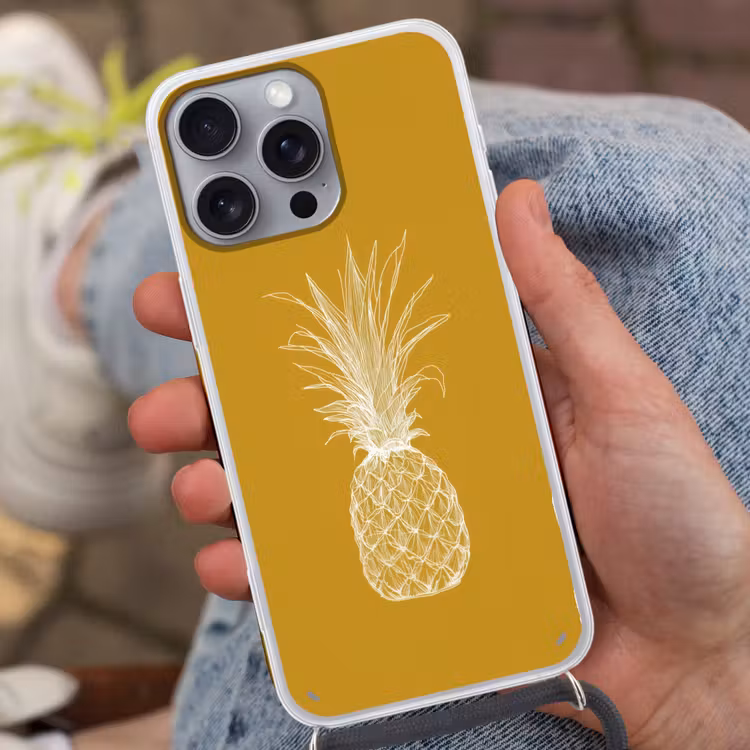 Telefoonhoesje met koord - Lijnillustratie - Ananas - Bladkroon - Okergeel — 2