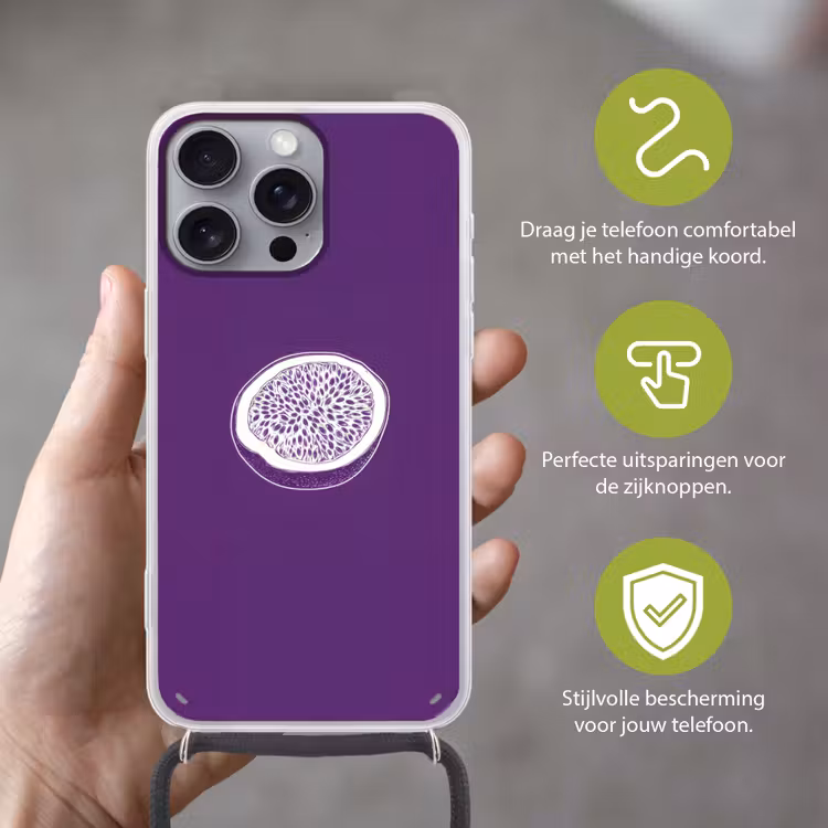 Telefoonhoesje met koord - Passievrucht - Zaadjes - Paars - Minimalistisch — 4