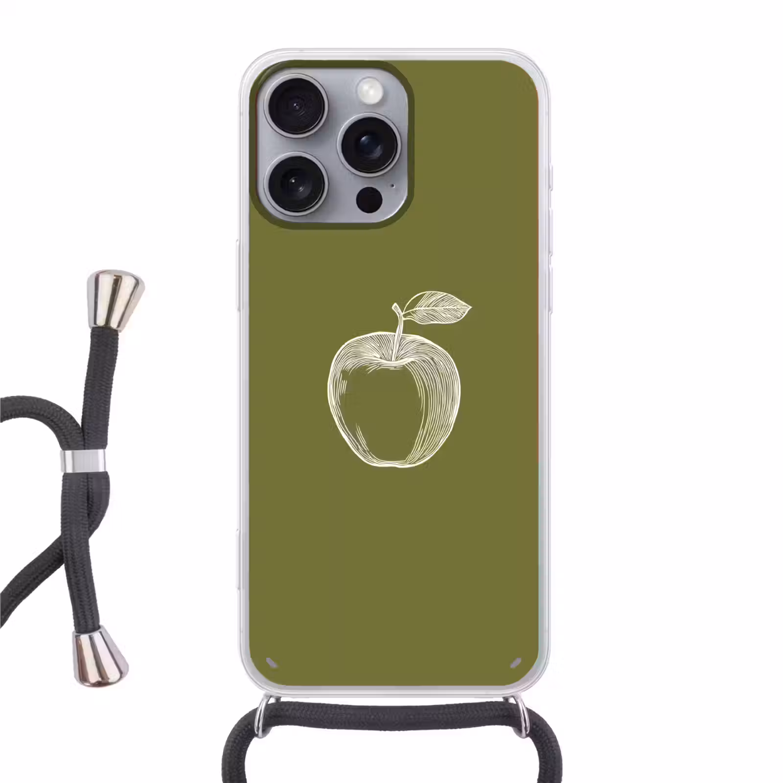 Telefoonhoesje met koord - Lijntekening - Appel - Olijfgroen - Blaadje — 1