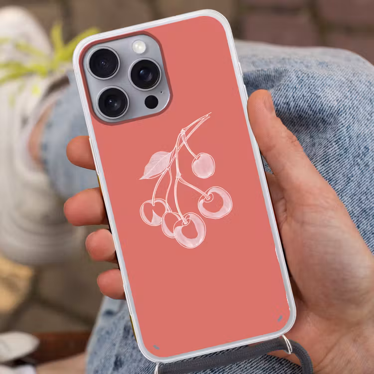 Telefoonhoesje met koord - Lijnillustratie - Kersen - Tak - Wit — 2