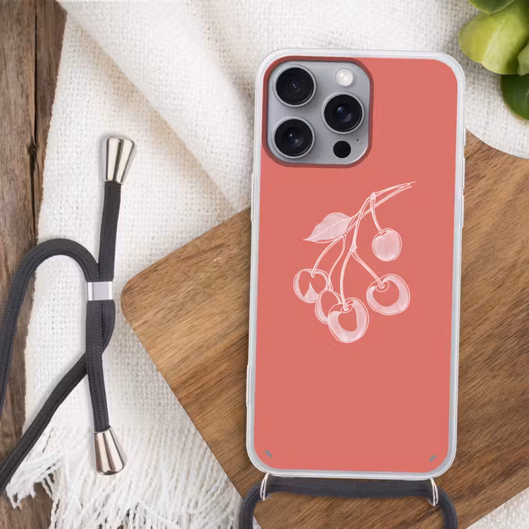 Telefoonhoesje met koord - Lijnillustratie - Kersen - Tak - Wit — 3