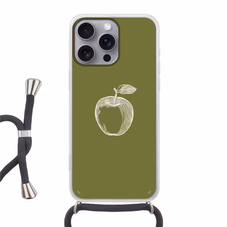 Telefoonhoesje met koord - Lijntekening - Appel - Olijfgroen - Blaadje — 1