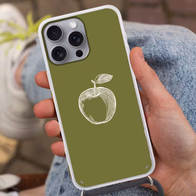Telefoonhoesje met koord - Lijntekening - Appel - Olijfgroen - Blaadje — 2