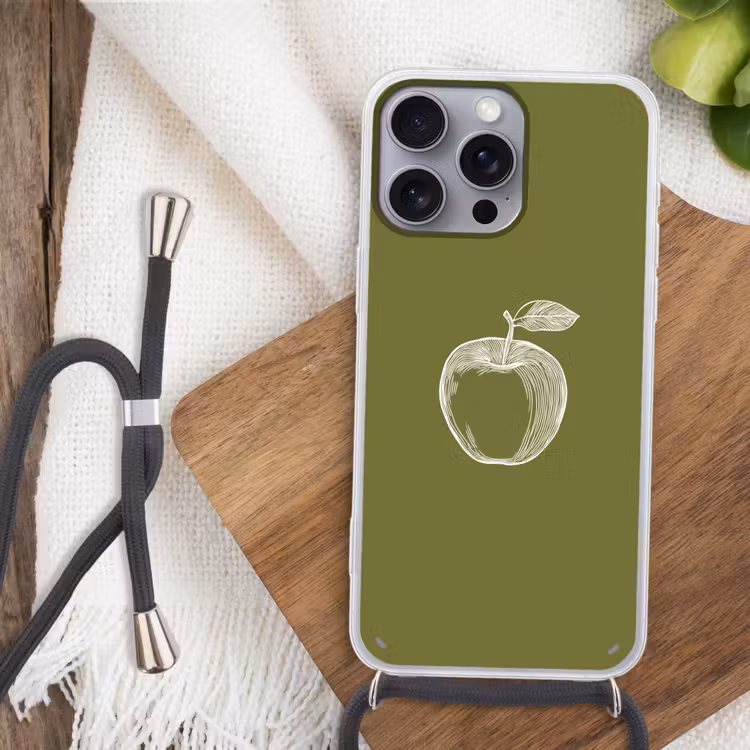 Telefoonhoesje met koord - Lijntekening - Appel - Olijfgroen - Blaadje — 3