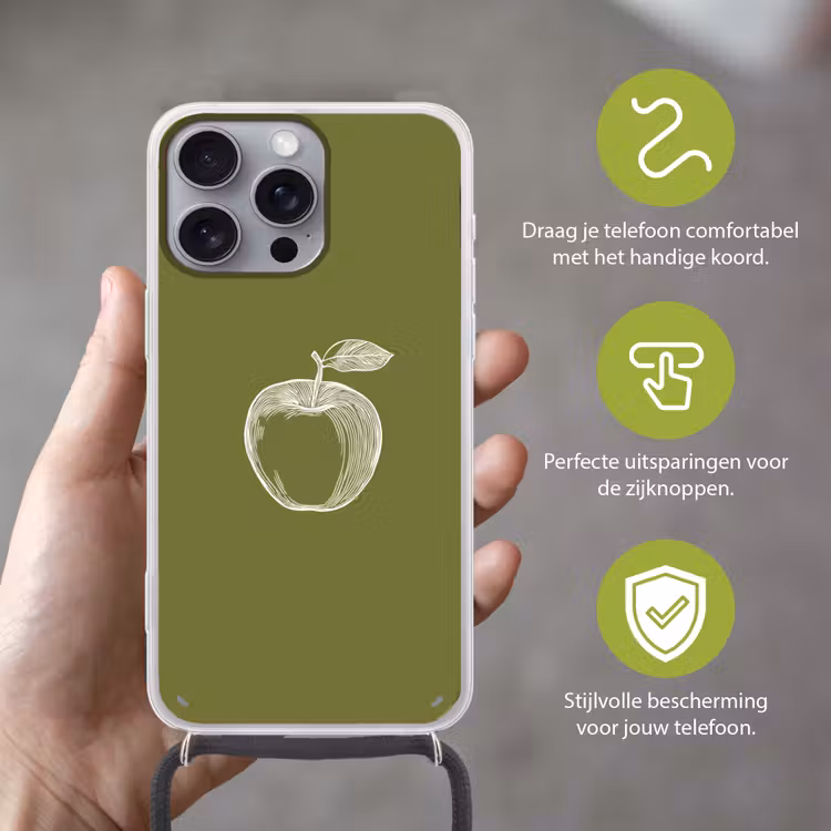 Telefoonhoesje met koord - Lijntekening - Appel - Olijfgroen - Blaadje — 4