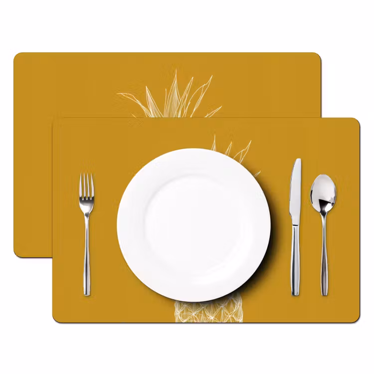 Placemat - 6 stuks - Lijnillustratie - Ananas - Bladkroon - Okergeel — 2