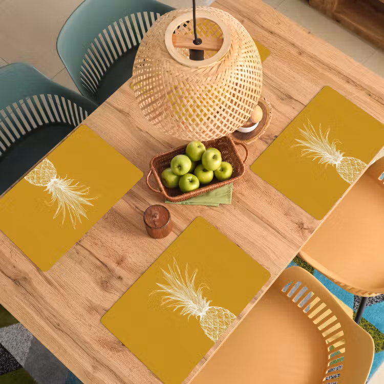 Placemat - 6 stuks - Lijnillustratie - Ananas - Bladkroon - Okergeel — 6