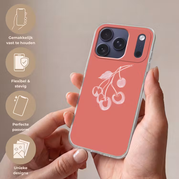 Telefoonhoesje Softcase - Lijnillustratie - Kersen - Tak - Wit — 4