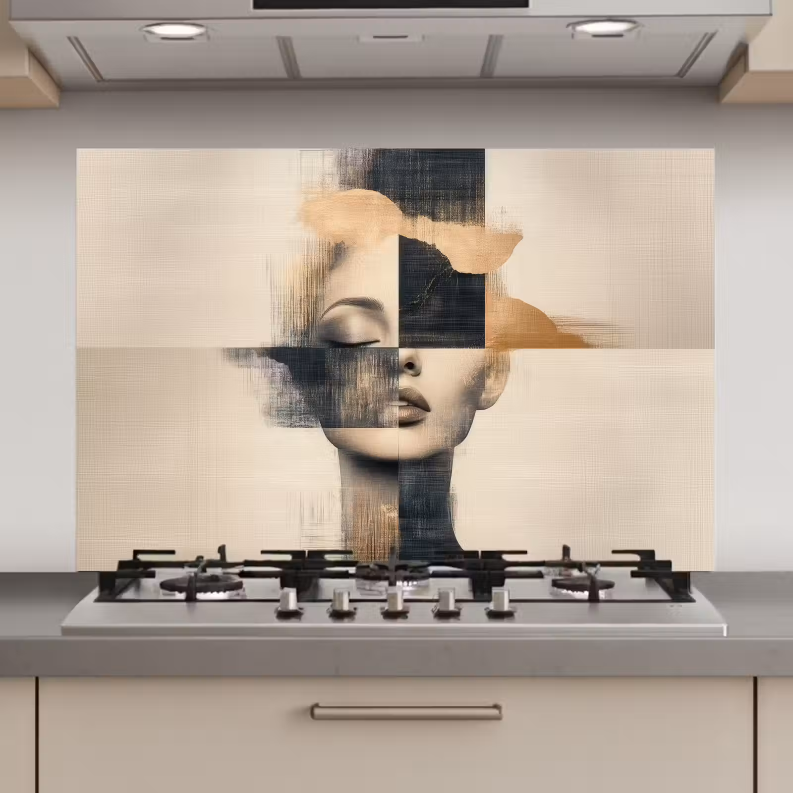 Spatscherm keuken - Goud - Vrouw - Rechthoeken — 1