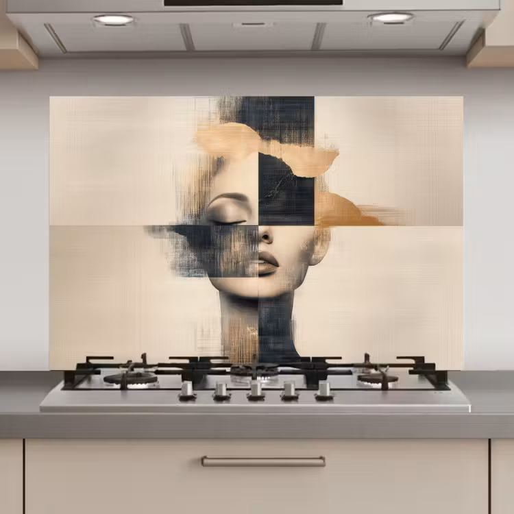 Spatscherm keuken - Goud - Vrouw - Rechthoeken — 1