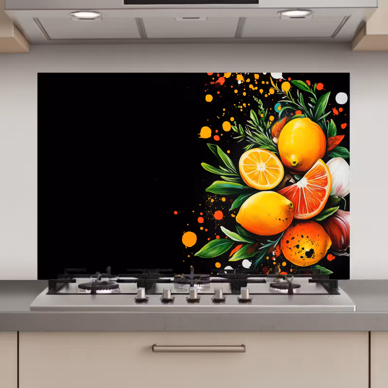 Spatscherm keuken - Citroenen - Zwart - Kruiden - Graffiti - Verf — 1