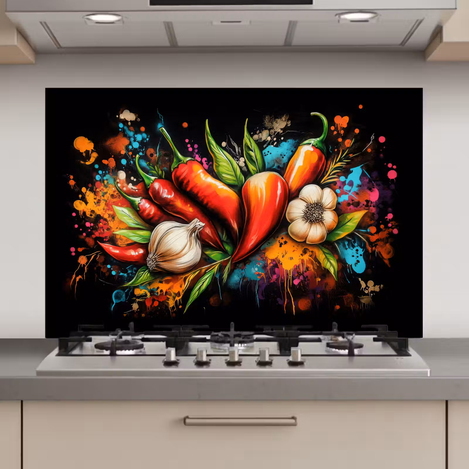 Spatscherm keuken - Groente - Peper - Knoflook - Graffiti - Verf - Kleurrijk — 1