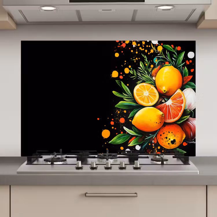 Spatscherm keuken - Citroenen - Zwart - Kruiden - Graffiti - Verf — 1