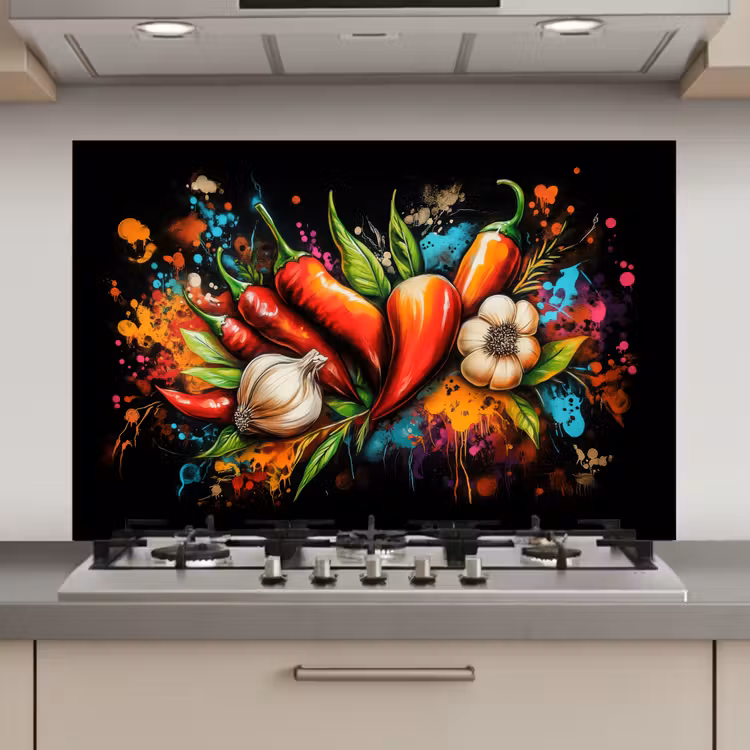 Spatscherm keuken - Groente - Peper - Knoflook - Graffiti - Verf - Kleurrijk — 1