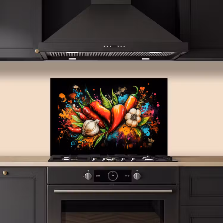 Spatscherm keuken - Groente - Peper - Knoflook - Graffiti - Verf - Kleurrijk — 2